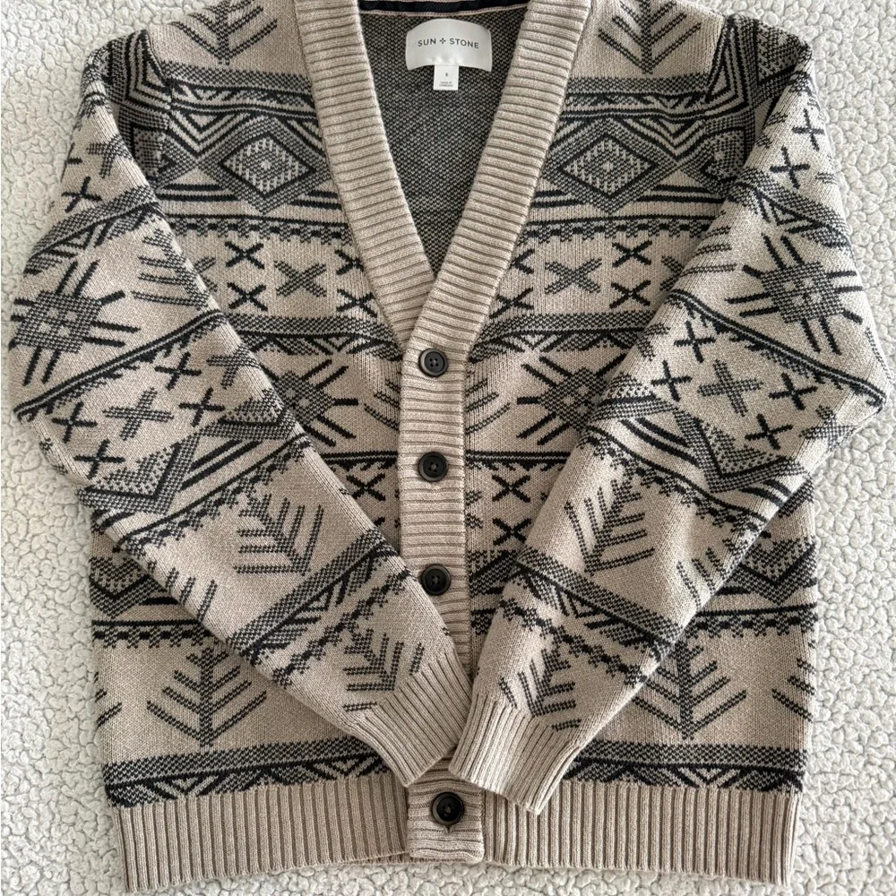 Sun + Stone Men's Cardigan in Beige and Black - Picture 2 of 5